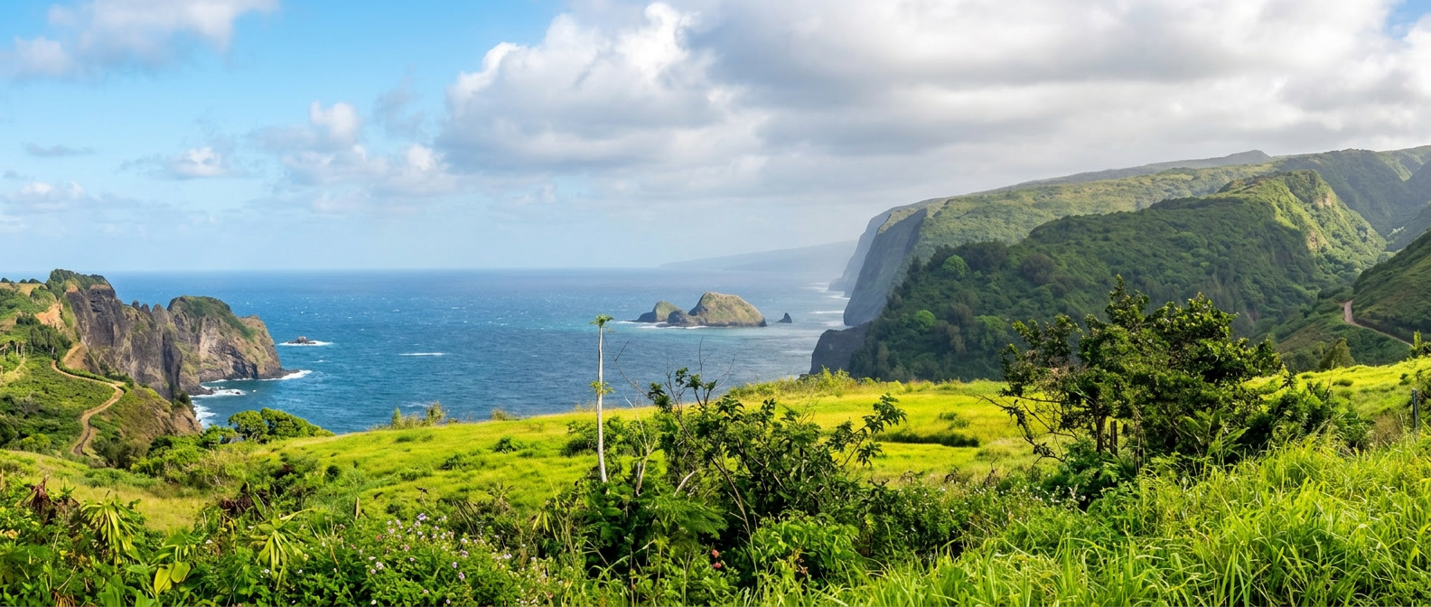 Hāmākua coastline of North Kohala — sea cliffs, ocean, and pristine green pasture. This is Hawai‘i.